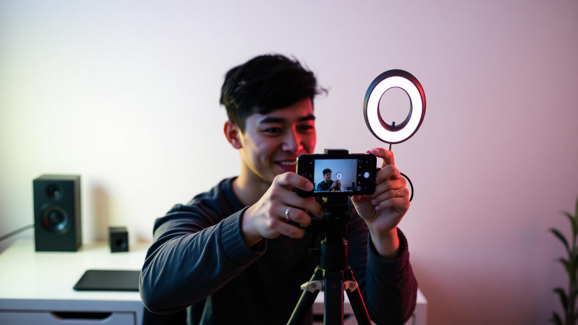 Creator filming a short product clip with a phone and ring light